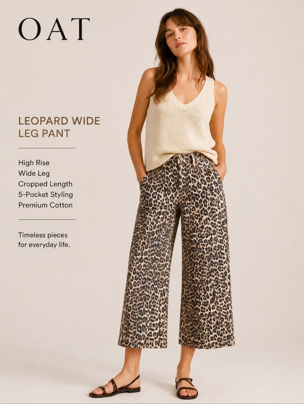 OAT New York Leopard Print Wide Leg Crop Pants High Rise Animal Print Size 2/26